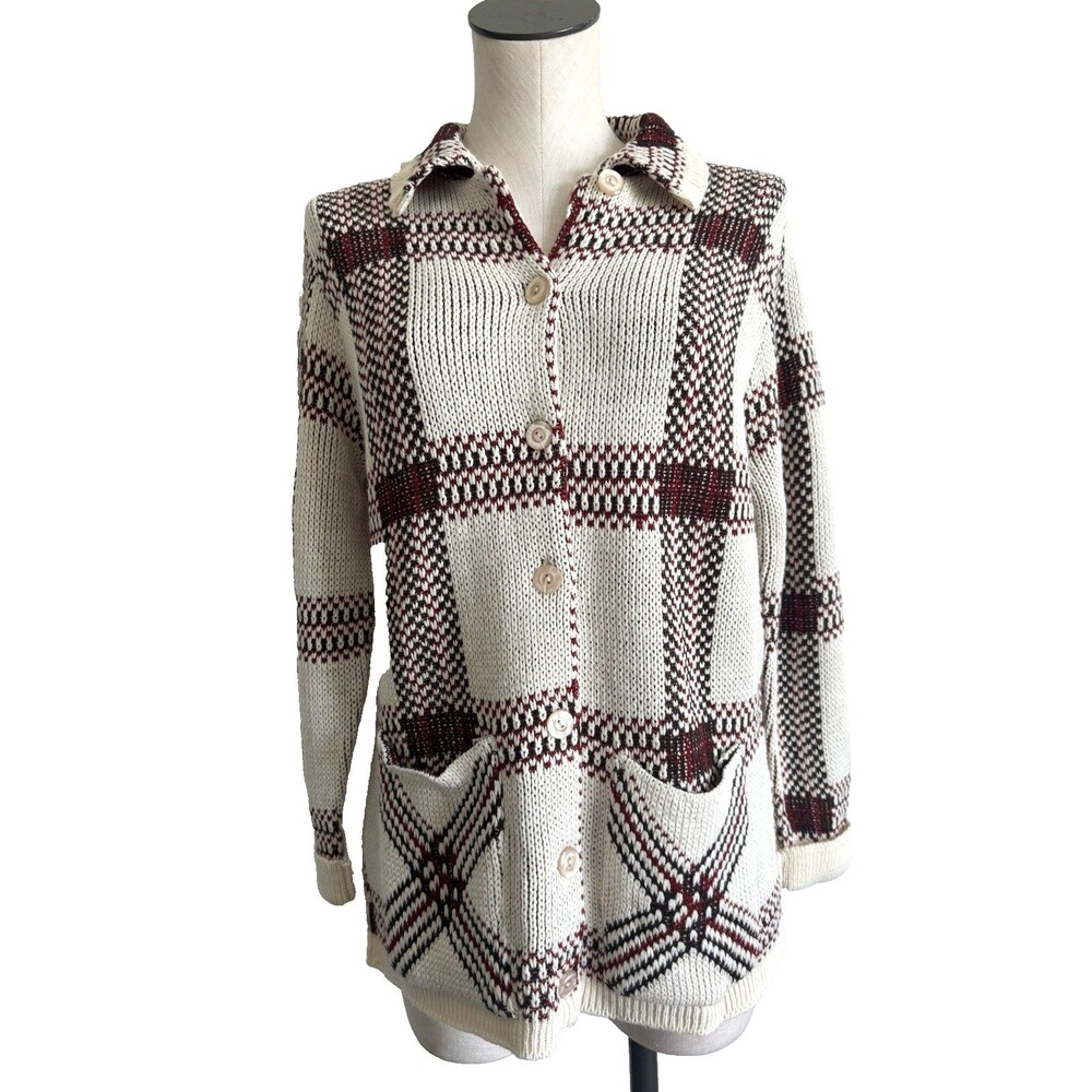 Sturbridge Women’s Plaid Knit Cardigan Sweater Beige Maroon Button Front XL
